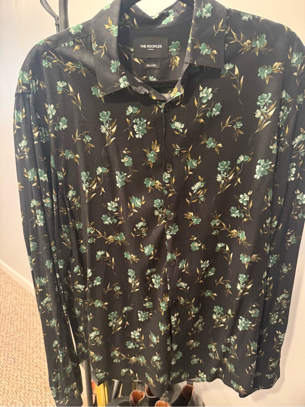 The Kooples Black Button-Up Shirt with Green Floral Print